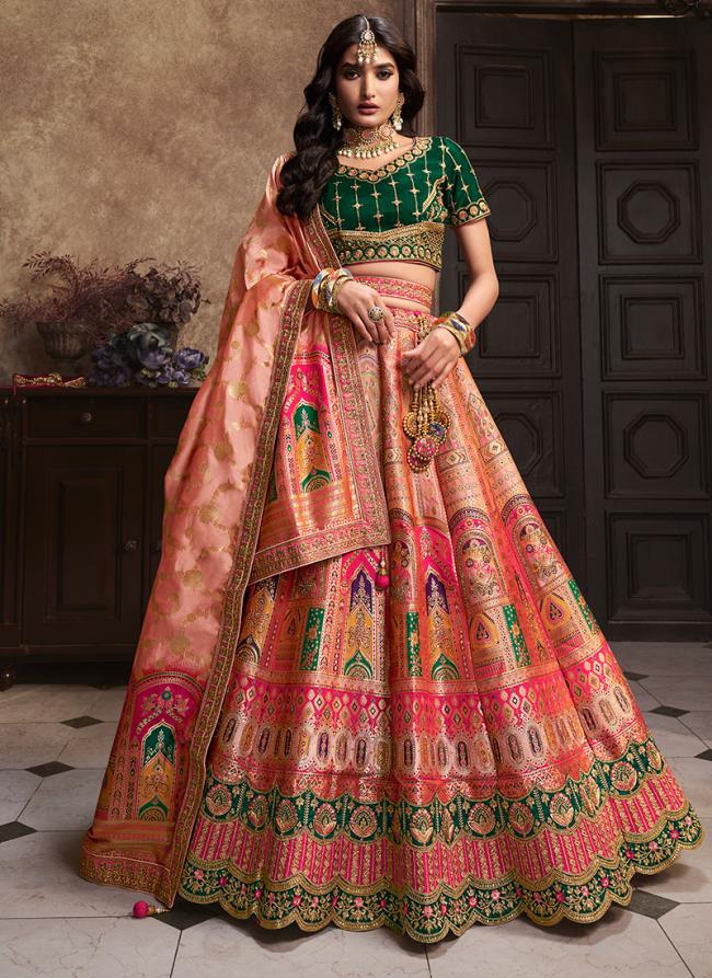 Banarasi Silk Peach Wedding Wear Embroidery Work Lehenga Choli